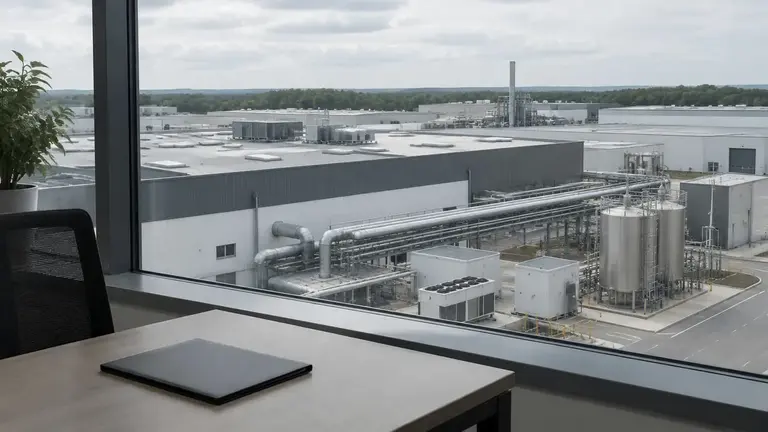 Manufacturing site viewed through a modern office window