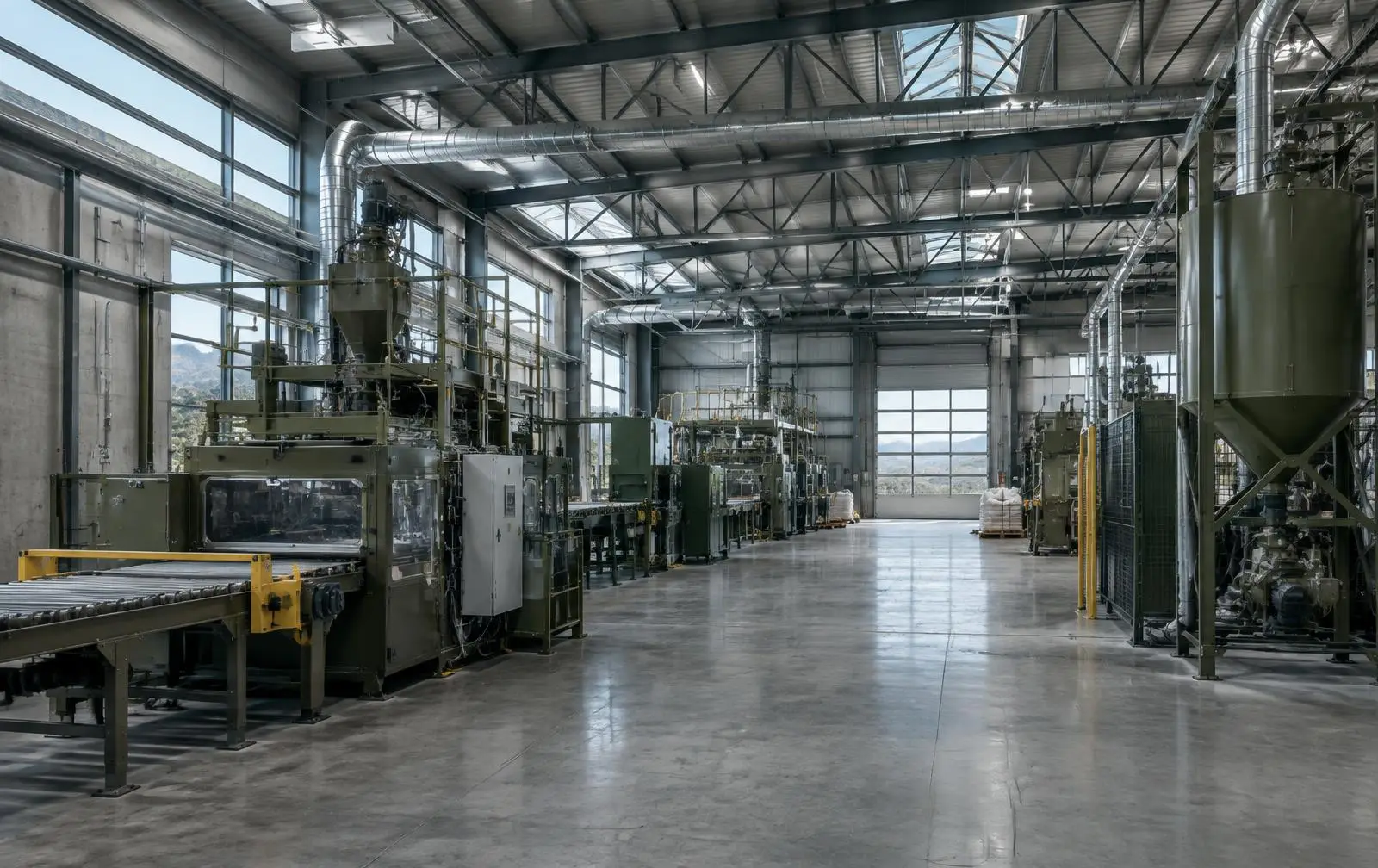 Industrial production hall with steel machinery and process pipework — placeholder photography