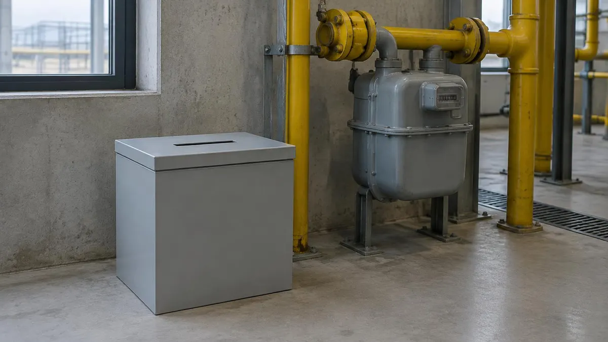 Ballot box beside an industrial gas meter and pipework in soft daylight