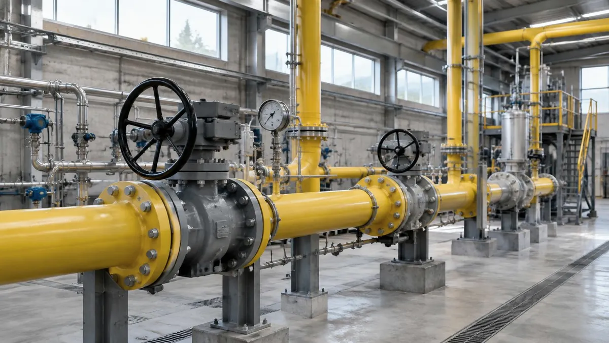 Industrial plant room with gas pipework and valves in soft daylight
