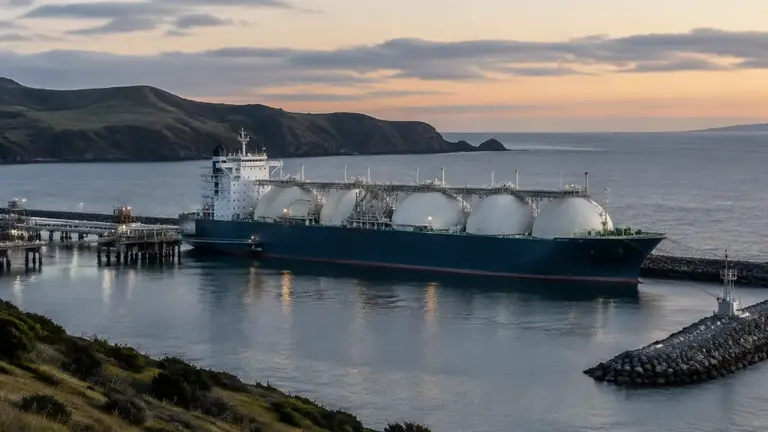 Generic floating LNG storage vessel moored at a coastal port breakwater at dusk