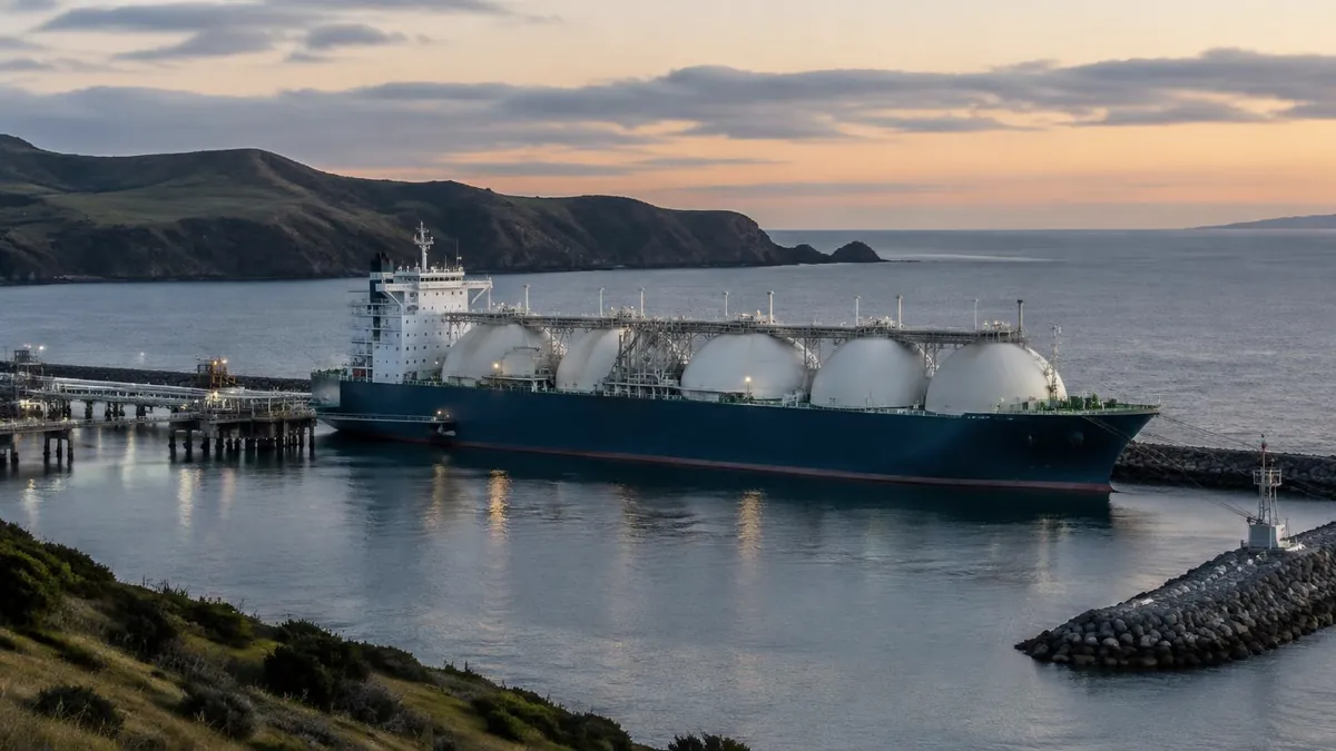 Generic floating LNG storage vessel moored at a coastal port breakwater at dusk