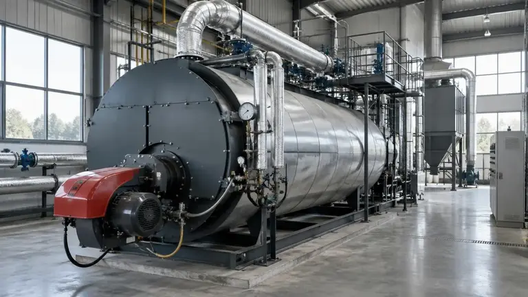 Large industrial steam boiler and insulated pipework in a factory